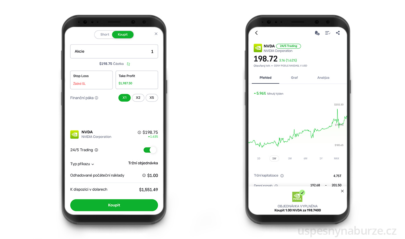 Ukázka zadání obchodu v aplikaci eToro